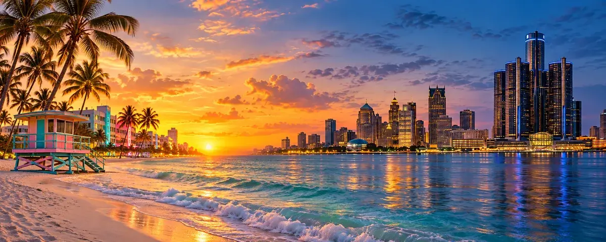Illustrative Miami Beach and Detroit skyline